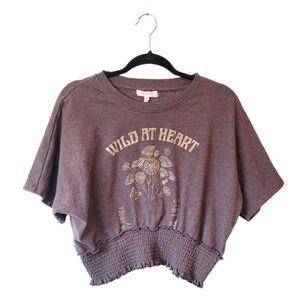 Cleo + Wolf Buckle Women's Brown Wild At Heart Smocked Graphic Crop Sweatshirt L